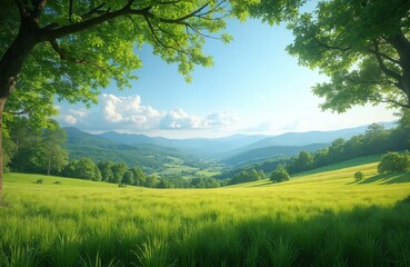 Obraz premium Landscape with green field with grass and blue sky with clouds. Trees grow on meadows. Hills lie in background. Summer countryside scenic view. Concept of eco tourism.