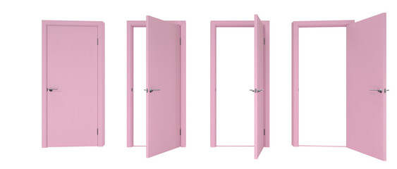 Set of modern pink door isolated on neutral background with different open angles 3D render.