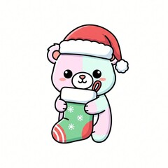 Fototapeta premium Cute cartoon bear wearing Santa hat holding Christmas stocking with snowflakes and candy cane