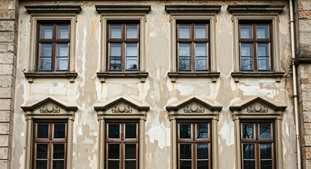 Fototapeta premium Repetitive Pattern of Windows on a Weathered Stone Building Facade