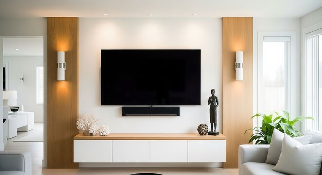 Modern Living Room Media Center with Wooden Panels and Recessed Lighting