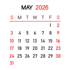 Month of May 2026 infographic calendar vector with underline below week name | Futuristic view of date in corporate way, desk, wall, decoration