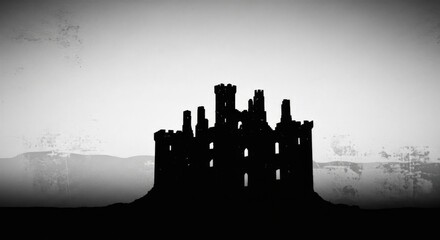 Obraz premium Dark Silhouette of Old Castle on Hilltop in Monochrome Landscape