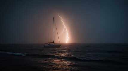 Sailboat mast lightning strike, lightning flash illuminating rigging and sails, turbulent sea background, moody storm atmosphere