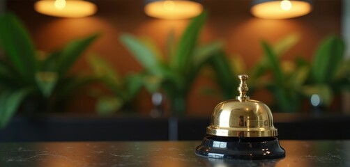 Shiny brass service bell on the table in a hotel. Blurred green plants and lights in the background. Concept of hotel reception service or luxury interior design