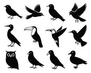 Obraz premium Set of 12 black silhouette illustrations of diverse bird species scalable vector graphics for eps design silhouette vector illustration white background