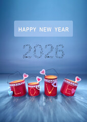 beautiful self crafted red LOVE Lanterns from Tin Cans on the beach for new year 2026 from flying birds in the sky