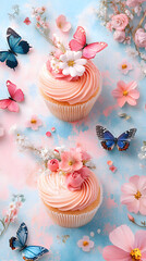 Sweet Cupcakes with Delicate Butterflies: Exquisite cupcakes are adorned with delicate butterflies and vibrant flowers, creating a whimsical, pastel-colored treat. 