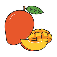 Vibrant illustration of a ripe mango fruit, whole and sliced, with a green leaf, perfect for food and healthy lifestyle content