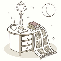 Cozy bedside table with lamp books and a warm blanket under the night sky