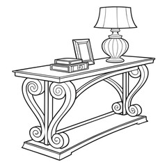 Elegant black and white line drawing of a console table with decorative scroll legs holding a lamp and books