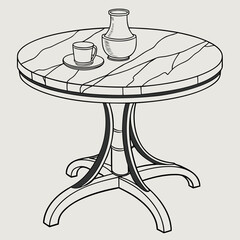 Elegant round marble top table with a decorative pedestal base and a coffee cup and vase
