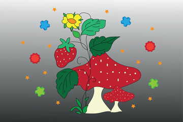 Colorful Cartoon Mushroom and Strawberry Drawing with Stars