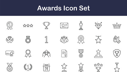 Minimal thin line awards icon set with trophy, medal, star, crown, and certificate symbols for achievement and success with transparent background.