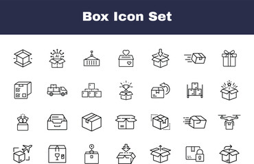 Thin line box icon set with delivery, shipping, packaging, logistics, storage, and parcel symbols for business and ecommerce with transparent background.