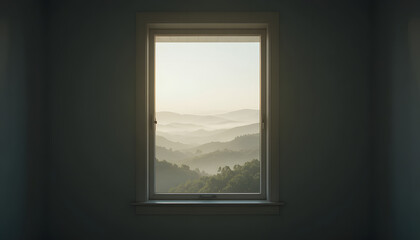 Window frame opening onto misty rolling hills at dawn bathing interior in golden light