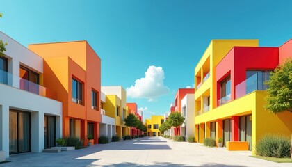 Obraz premium Colorful block houses in sunny neighborhood under blue sky. Modern buildings with geometric design form urban street with trees. Bright saturated tones create cheerful atmosphere for real estate