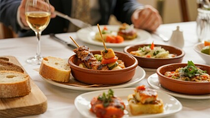 A table set with various dishes including skewered meat, bread, and side dishes, accompanied by wine glasses and dining utensils.
