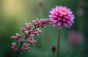 Close up shows pink meadow rue flowers buds and petals. Soft focus blooms on green background. Floral nature scene with bokeh adds dreaminess.