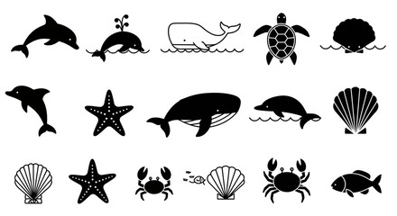 Black and white sea creature icons representing ocean biodiversity and marine life
