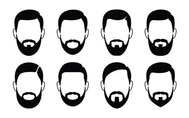 Diverse collection of black and white vector beard styles and haircuts for men's illustrations silhouette vector illustration white background