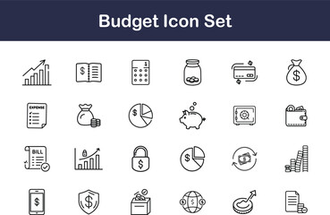 Thin line budget icon set with finance, money, savings, investment, and accounting symbols for business, banking, and economics design  with transparent background