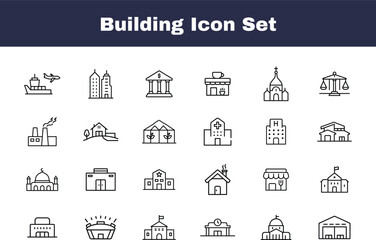  Building icon set collection with thin line black outline style including city, office, hospital, church, shop, and school symbols with transparent background