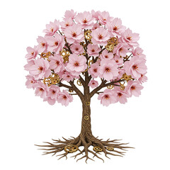 Whimsical tree adorned with pink blossoms and intricate gears