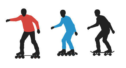 Three skaters in different colored outfits rolling on inline skates