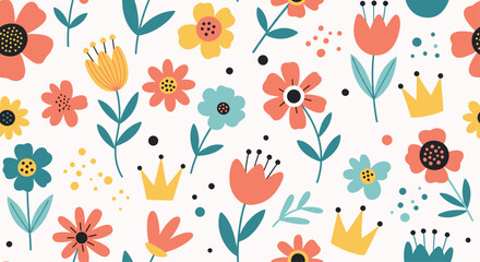 A cheerful spring pattern with blooming flowers and decorative crowns.