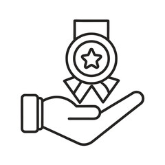 Vector outline icon of a hand holding a medal. A hand holding a medal vector illustration. Represents an achievement.