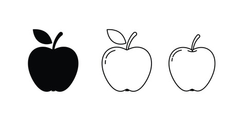 Three simple apple illustrations displaying varying shades of detail
