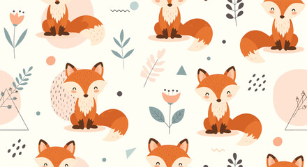 Fototapeta premium A charming pattern featuring cute fox illustrations with floral accents.