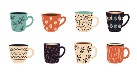 A collection of eight charming patterned coffee mugs in various designs.