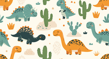 Cute dinosaur and cactus pattern.
