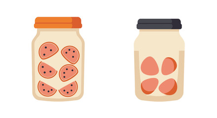 Two glass jars containing preserves or jam with fruit inside