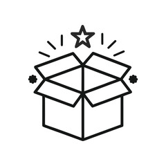 Outline icon vector of an open box with a star and sparkles.