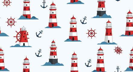 Nautical seamless pattern with lighthouses anchors and ship wheels.