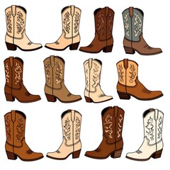 Twelve stylish cowboy boots in various colors arranged neatly
