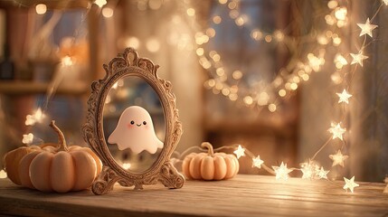 Cute Ghost Reflection in Vintage Frame with Pumpkins and Lights