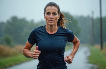 Fototapeta premium Woman runs in heavy rain. Dark sport shirt soaked with water. Face shows strong determination. Trains on wet road in nature. Female athlete exercises outdoors, pushing limits in bad weather, staying