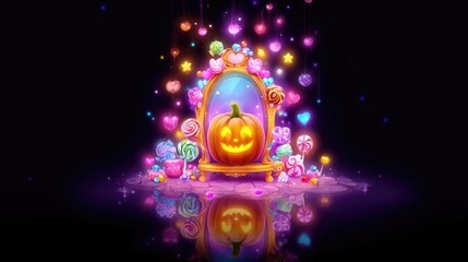 Enchanted Halloween Pumpkin Mirror with Colorful Candies and Lights