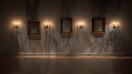 Elegant Dark Art Gallery with Ghostly Shadows and Candlelight