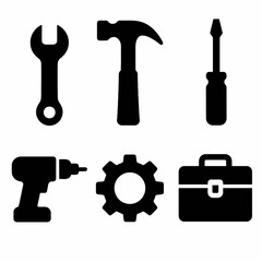 Fototapeta premium Simple Tool Icon Set: Spanner, Hammer, Screwdriver, Drill, Gear, Briefcase Design