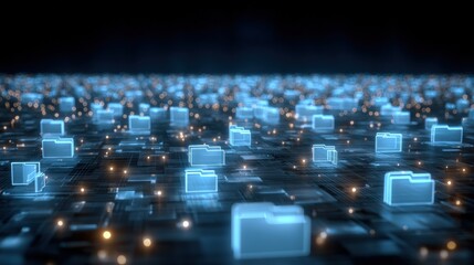 Obraz premium Abstract network grid with files and folders, futuristic software interface, digital document management system, store, search and organize documents, corporate business, paperless office 