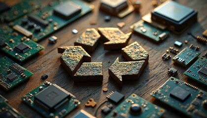 Textured recycle symbol sits on rustic wooden table. Many green circuit boards, microchips, small tech components surround creating busy scene. Image promotes eco-friendly e-waste management, tech