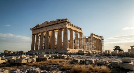 Fototapeta premium Ancient Greek Temple Ruins in Sunlit Archaeological Site with Scattered Stones and Clear Blue Sky