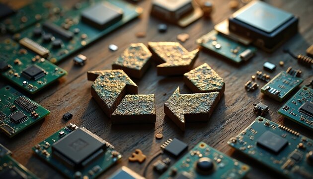 Textured recycle symbol sits on rustic wooden table. Many green circuit boards, microchips, small tech components surround creating busy scene. Image promotes eco-friendly e-waste management, tech