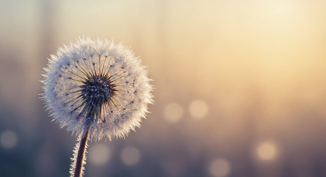 Dandelion flower covered with frost in soft focus representing concept of first frosts, space for text  