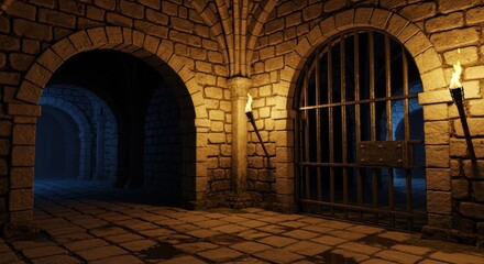 Dark Medieval Stone Dungeon with Torches and Iron Gate Under Dim Lighting